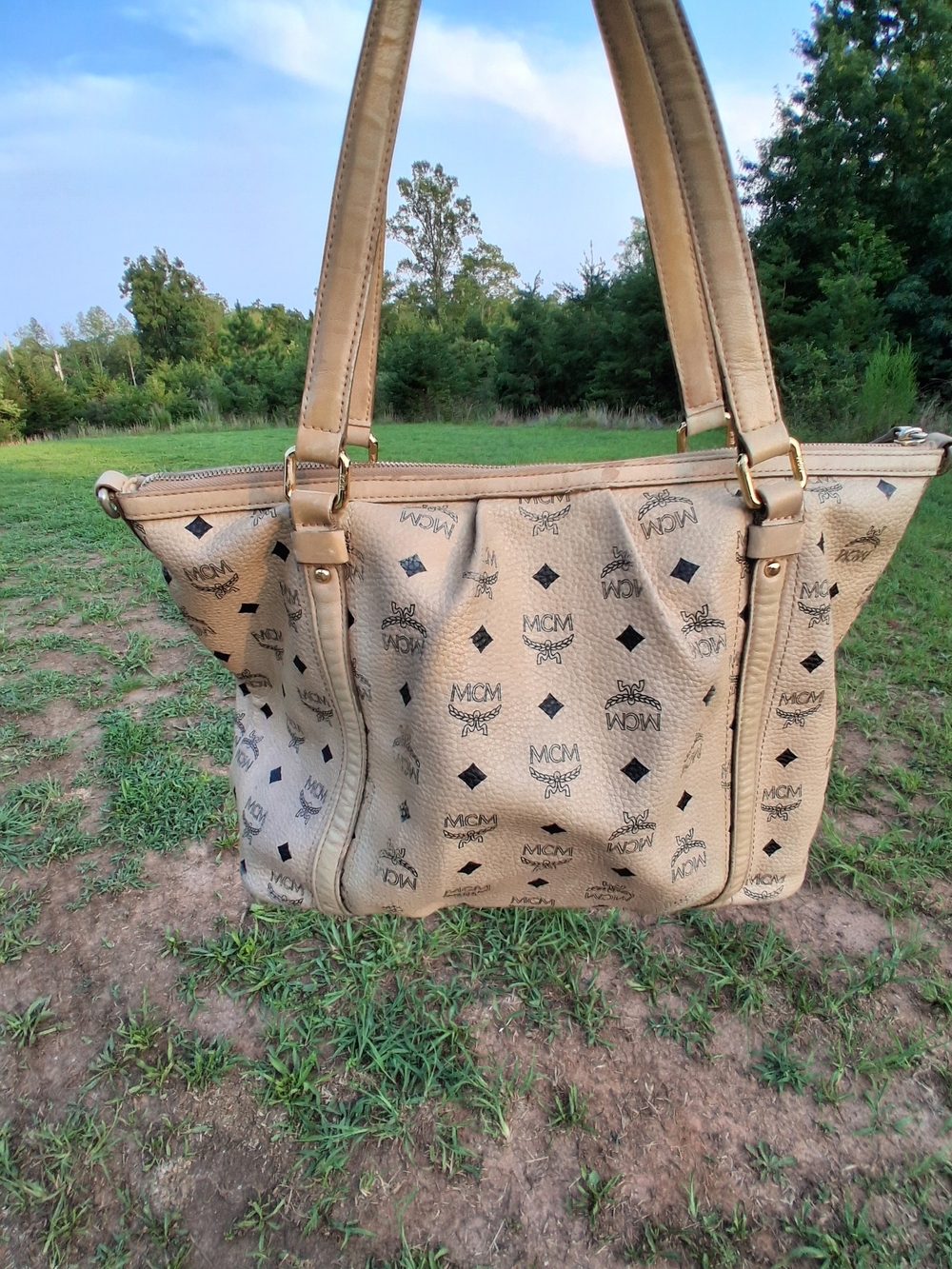 MCM Visetos Beige Logo Monogram Tote Bag Vintage - Picture 3 of 10